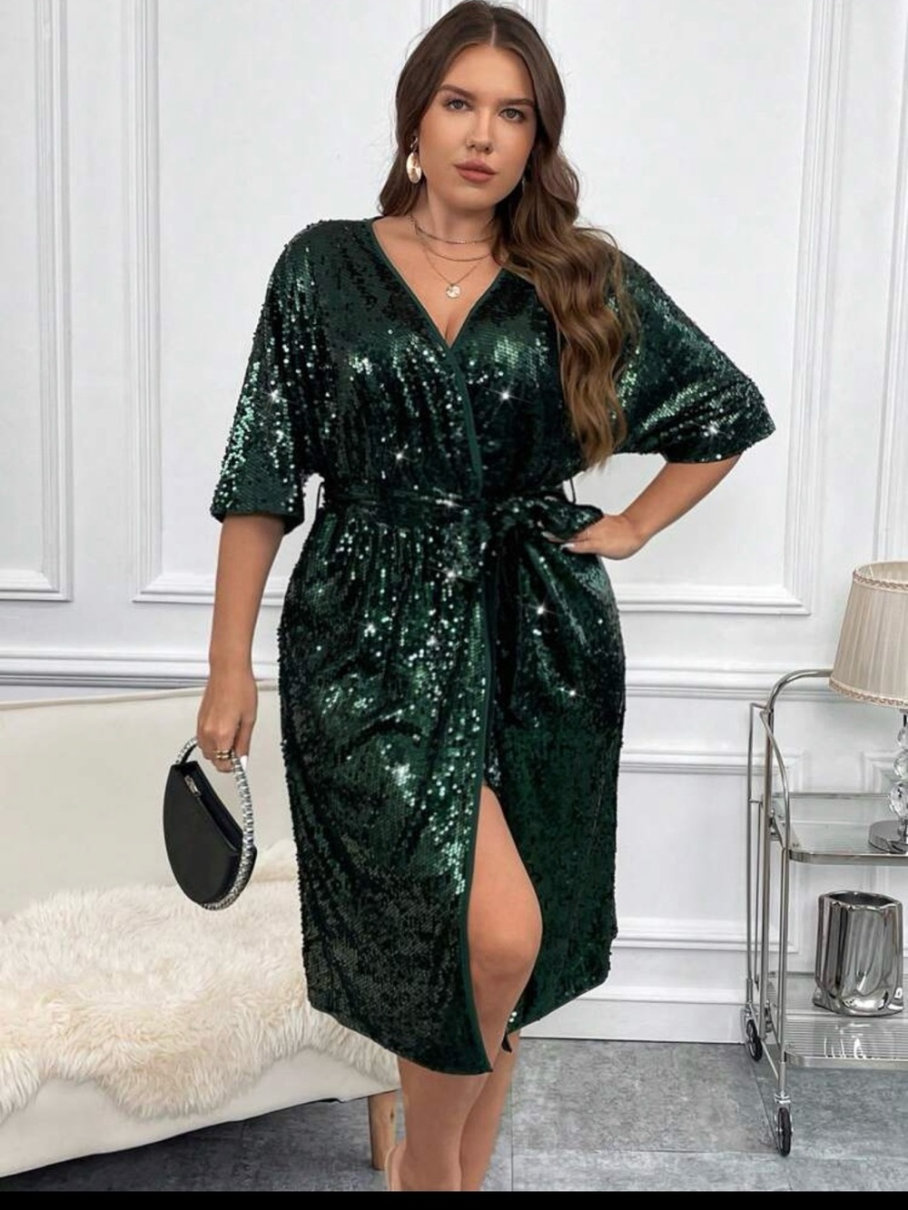 SHEIN Green Sequin Wrap Midi Dress